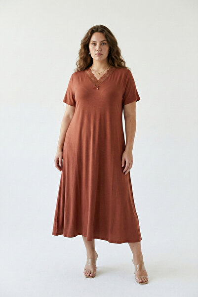 Mivoon Bamboo Fabric Lace Collar Detail Flared Dress 7XL