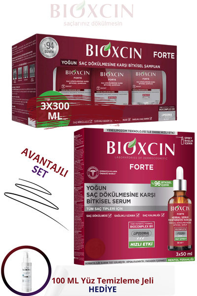 Bioxcin Forte Shampoo for Intense Hair Loss 3x300 ml + Forte Serum 3x50 ml + 100 ml Gel GIFT