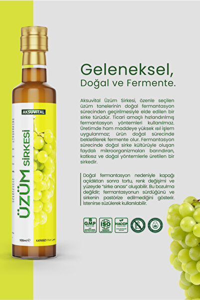 Aksu Vital Üzüm Sirkesi 500 ml Katkısız, Doğal Fermantasyon