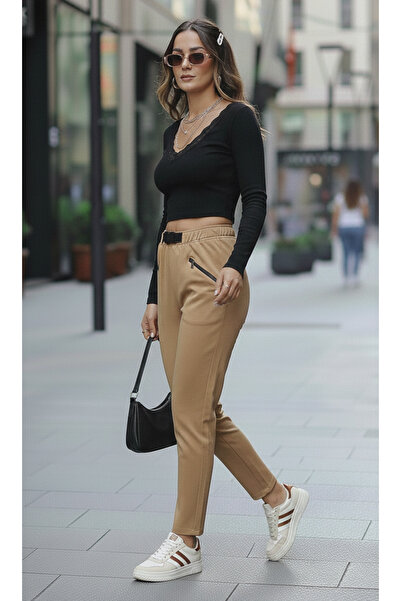 Lumora KEMER DETAYLI GABARDİN KUMAŞ BELİ LASTİKLİ KADIN PANTOLON