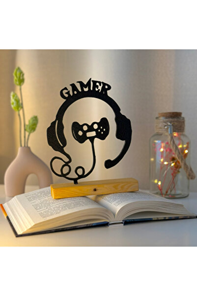 OEM Decoratiune "Gamer Setup Icon" cu baza din lemn natural, 18.5 cm, negru, ...