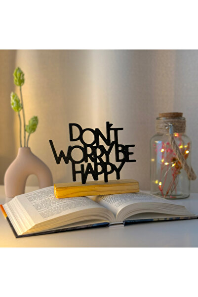 OEM Decoratiune "Don't Worry, Be Happy" cu baza din lemn , 12 cm, negru, impr...