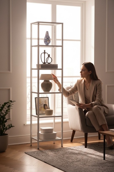 TOLIAHOME Modern 6 Katlı Beyaz Renk Metal İskeletli Cam Raflı Kitaplık Aksesu...