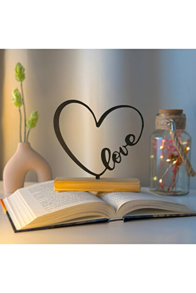 OEM Decoratiune "Heart Love" cu baza din lemn natural, 15 cm, negru, imprimat 3D