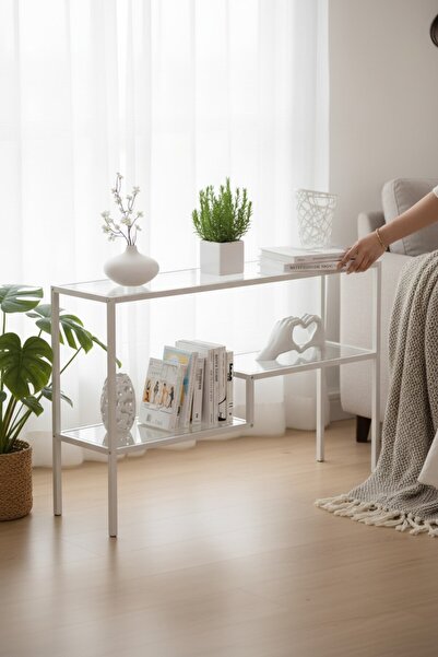 TOLIAHOME Modern Beyaz Renk Metal Iskeletli Temper Camlı Raflı Dresuar Konsol Çiçeklik Saksılık