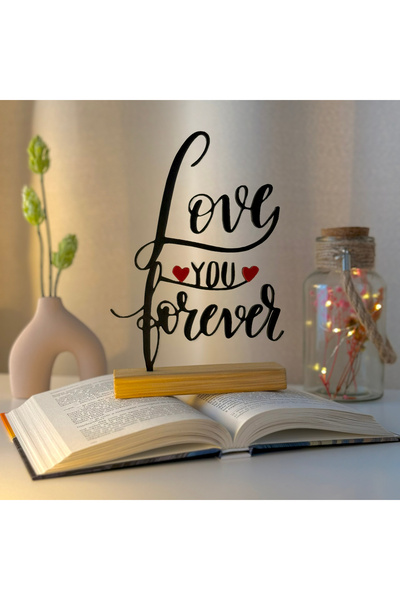 OEM Decoratiune "Love You Forever" cu baza din lemn natural, 21 cm, rosu/negr...