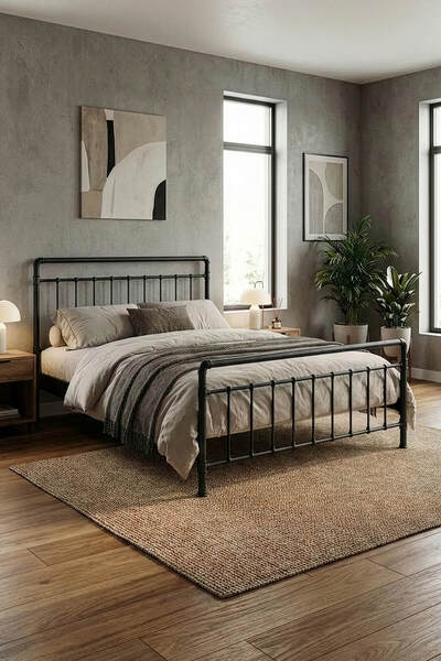 Unimet Odin Çift Kişilik Metal Karyola-Siyah (AHŞAP LATALI)