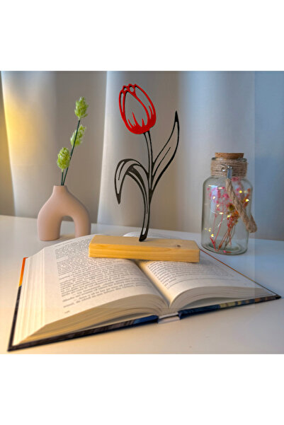 OEM Decoratiune "Lalea" cu baza din lemn , 22 cm, rosu/negru, imprimat 3D