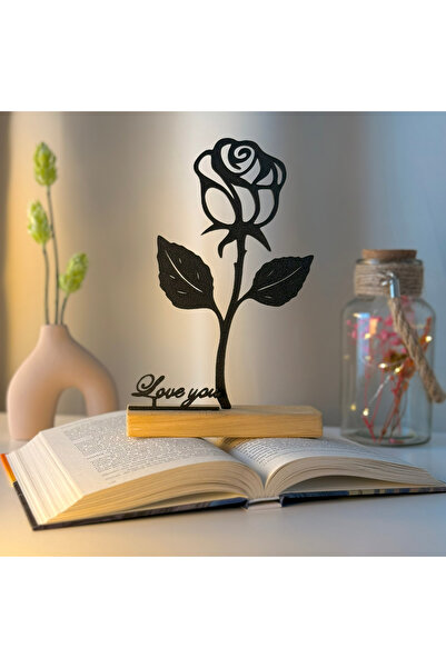 OEM Decoratiune "Trandafirul Negru - Love You" cu baza din lemn , 22 cm, negr...