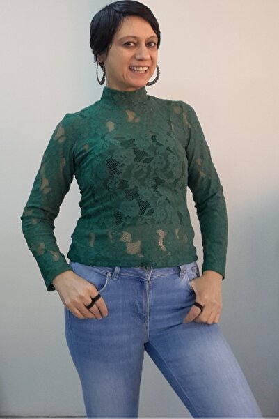 Mertcan Butik Πράσινο μπλουζάκι με μακρυμάνικο δαντέλα badi