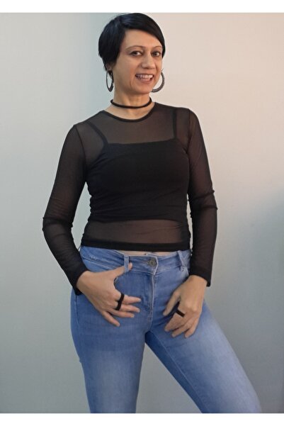 Mertcan Butik Μαύρο μπλουζάκι με μακρυμάνικο τούλι με λαιμόκοψη