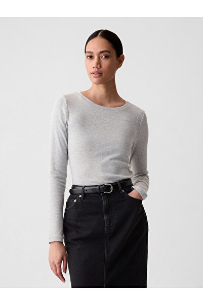 GAP Kadın Gri Supima® Modern Bisiklet Yaka Uzun Kollu T-Shirt