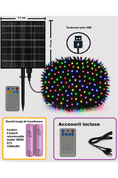 Miro Power Șir de luminițe solare de Crăciun 50 m, 500 LED-uri colorate, bate...