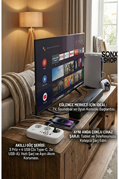 sonx 2500W Çoklu Priz 2 METRE – 3’lü AC Priz +5 USB Çıkışı AKIM KORUMALI Alev Almayan Gövde,