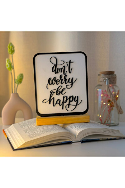 OEM Decoratiune "Don't Worry, Be Happy" cu baza din lemn , 18 cm, alb / negru...