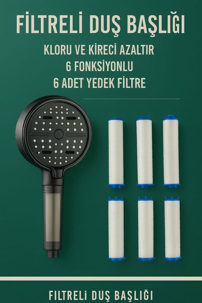SUVİA Filtreli Duş Başlığı | Klor & Kireç Önleyici | 6 Fonksiyon | Su Tasarruflu | 6 Yedek Filtre