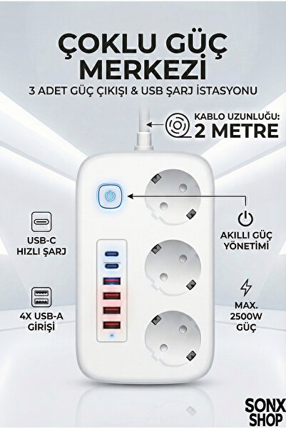 sonx 2500W Çoklu Priz 2 METRE – 3’lü AC Priz +5 USB Çıkışı AŞIRI YÜK KORUMALI...