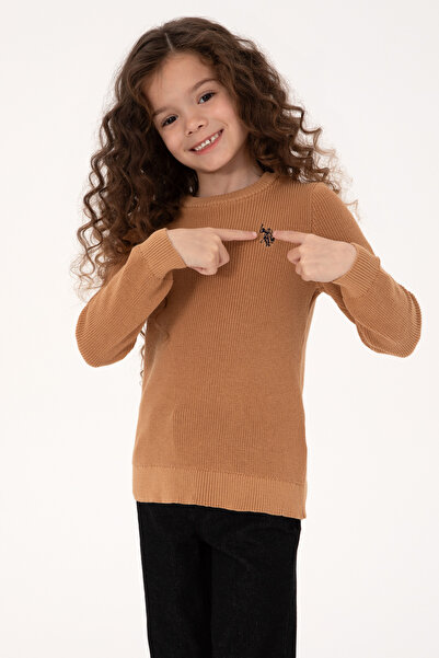 U.S. Polo Assn. Girl's Camel Crew Neck Basic Sweater 50316842-Vr015