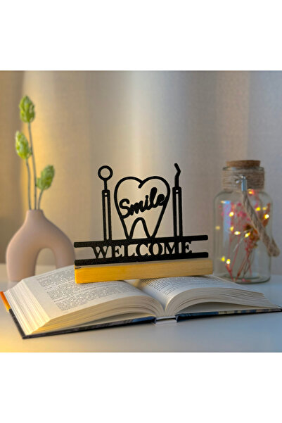 OEM Decoratiune "Welcome Smile" cu baza din lemn natural, 13 cm, negru, impri...