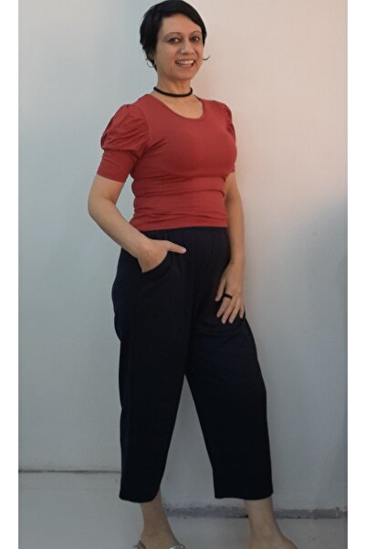 Mertcan Butik أزرق داكن مرن الخصر كابري حجم السفر محبوك القاع