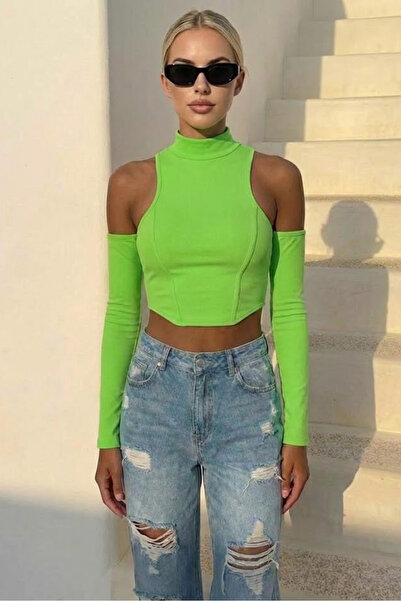 World Fashion Trends 1890 Sırtı Fermuarlı Omuzları Açık Fıstık Yeşili Bluz