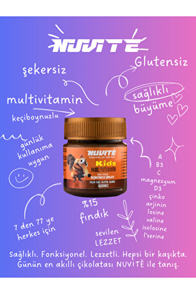 NUVITE Kids Multivitamin Keçiboynuzlu Şekersiz Vitaminli Çikolata 200GR