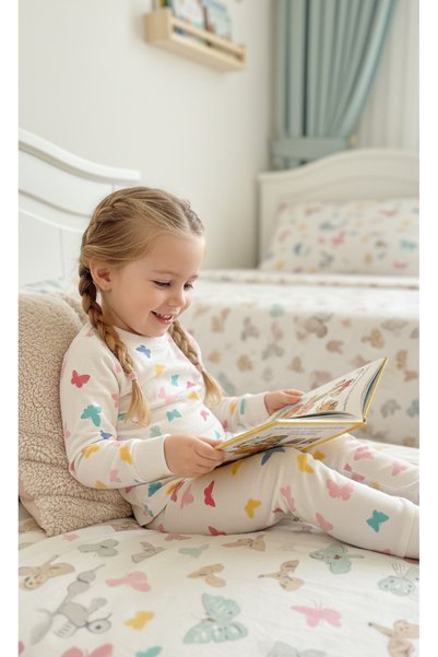 Arya Nisa Kids Girl's Colorful Butterfly Printed White 100% Cotton Sh Fleece-Lined Pajama Set