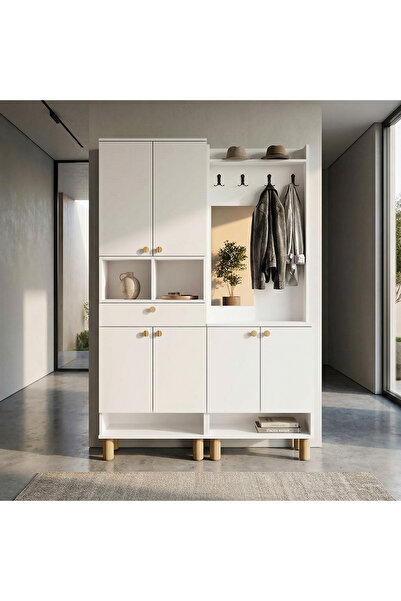 Kalender Dekor Ebru-1-2 Bohem Ayaklı Çekmeceli Aynalı Ayakkabılık Portmanto V...