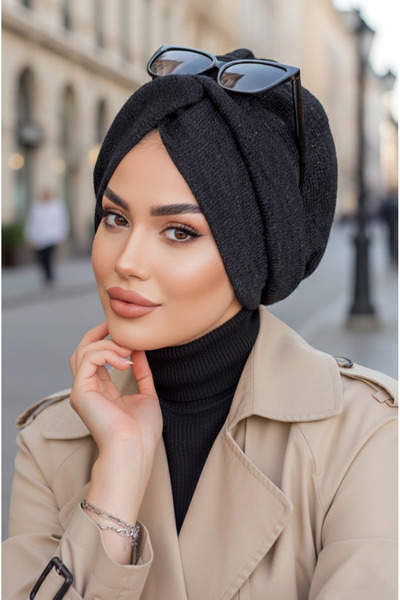 Aişe tesettür Μαύρο πλεκτό χειμερινό καπέλο με σπιράλ