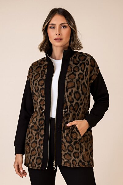 rengamoda سترة نسائية بسحاب من القماش المنسوج برباط مزين بالفهد