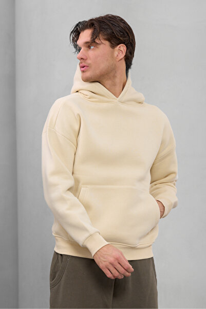 THE RULE Hanorac pentru bărbați supradimensionat croială largă Bumbac 3 fire Ş cu căptușeală din fleece Textura moale B basic Bej K cu glugă