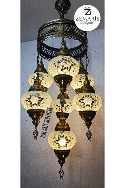 ZEM ARİS HEDİYELİK El Yapımı Otantik Mozaik 7 li Avize Tavan Lambası Dekoratif