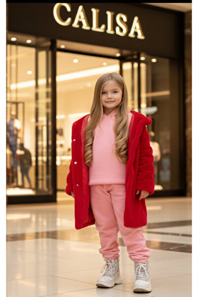 Calisa معطف فرو أحمر اللون للفتيات وبدلة رياضية باللون الوردي طقم مكون من 3 قطع