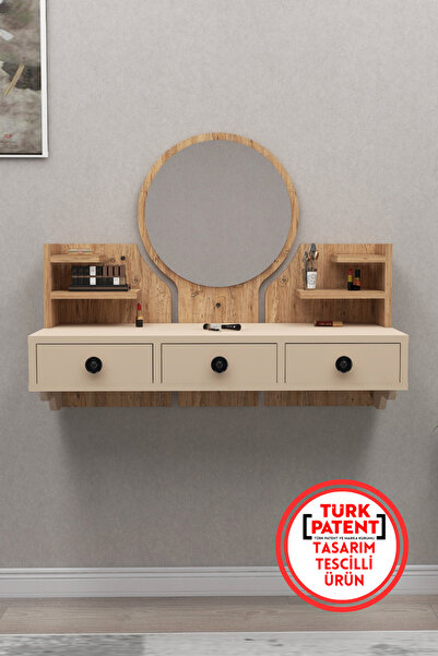 ARNETTİ Polina Çekmeceli Raflı Duvara Monte Aynalı Makyaj Masası, Atlantik Çam Bej - Polina