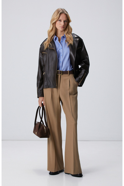 Network Camel Pileli Yüksek Bel Pantolon