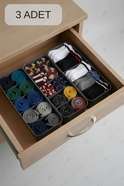 Fesya Home SPLIT 5 Bölmeli 3 Adet Dolap İçi Düzenleyici Takı, Toka, Çorap, İç...