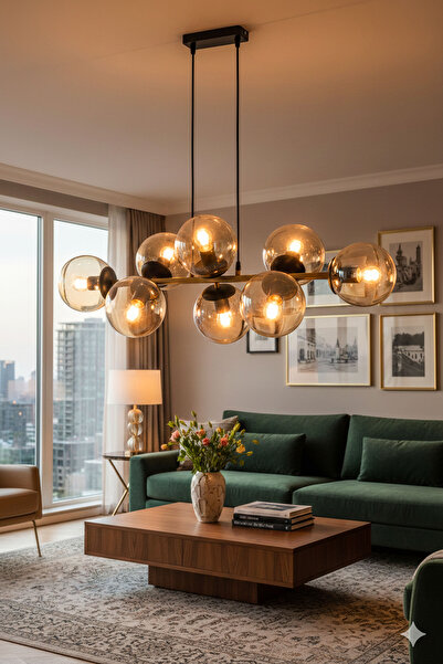 avimonaydınlatma Cross 8'li Eskitme Bal Rengi Glob Camlı Modern Sarkıt Avize Oturma Odası Salon