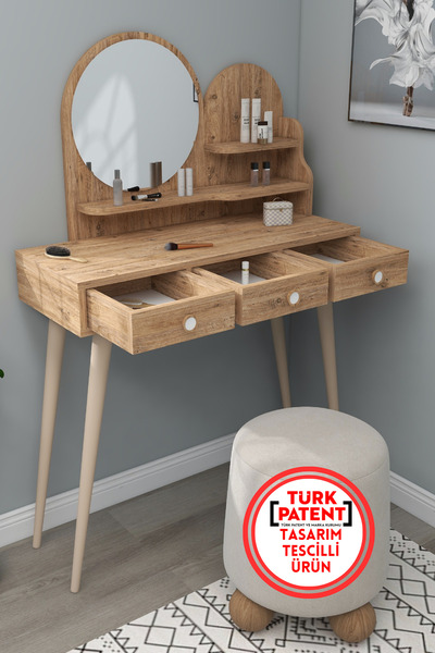 ARNETTİ Ruges Aynalı Makyaj Masası Ahşap Ayaklı Atlantik Çam