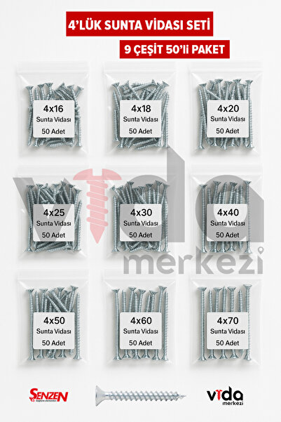 Şenzen Bağlantı Elemanları Ağaç – Mobilya – Sunta Uyumlu 4 mm Vida Seti / 450 Adet / 9 Boy (16–70 mm)