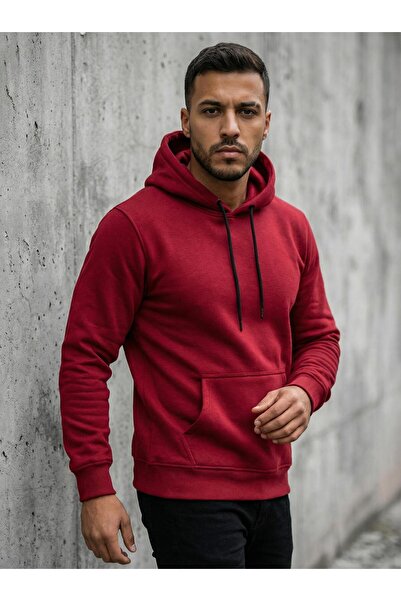 CLAW UP WORK Standart Kalıp Pamuklu Yumuşak Dokulu Basic Kapüşonlu Kanguru Cepli Bordo Sweatshirt