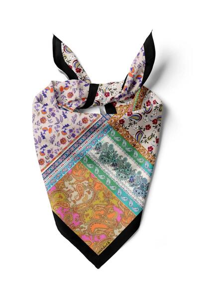 Modabutik G68 Kadın Mor Beyaz Etnik Desenli 55x55 Bandana