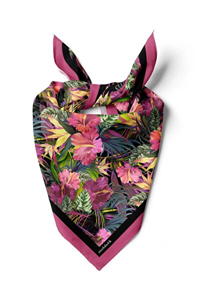 Modabutik G39 Kadın Yeşil Pembe Çiçek Desenli 50x50 Bandana