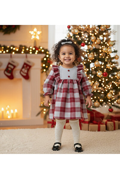 Florijee Sidney Bordo Gri Ekose Kız Bebek Yılbaşı Elbisesi 6-24 Ay