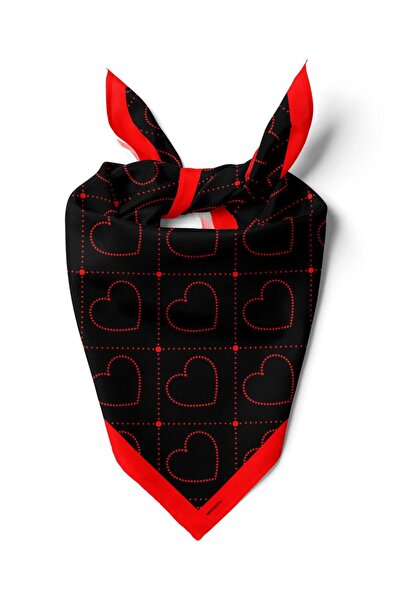 Modabutik V23 Kadın Kalp Desenli Bandana 50x50 Kırmızı Siyah DG0446-22