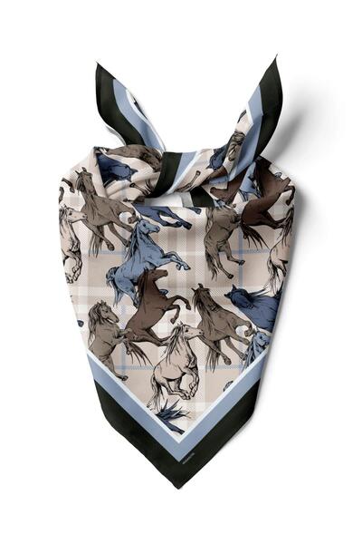Modabutik H12 Kadın Krem Horse Desenli 50x50 Bandana HYL DG01542-22