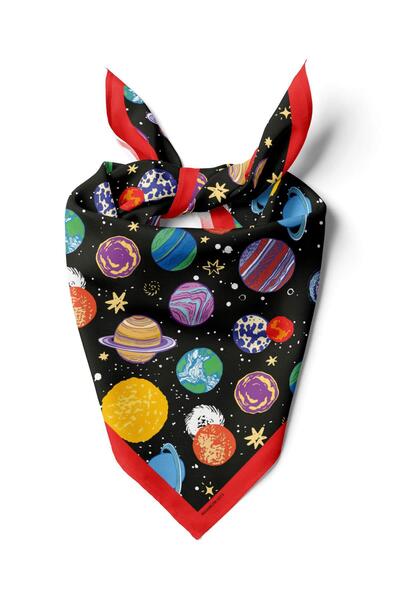 Modabutik B104 Kadın Gezegen Desenli Bandana Siyah Sarı Mavi DG0373-22 Snz