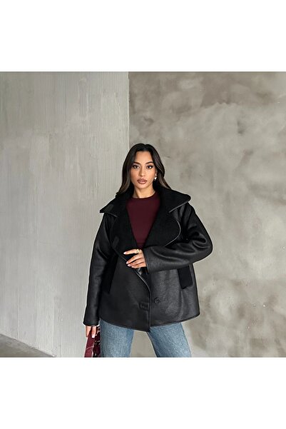 VESS MODA تفاصيل أزرار من الفرو الناعم بالكامل من الداخل، سترة جلدية O قصة فض...