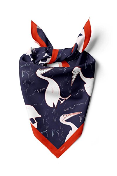 Modabutik D45 Kadın Kuş Desenli Bandana 50x50 Beyaz Mavi DG0280-22