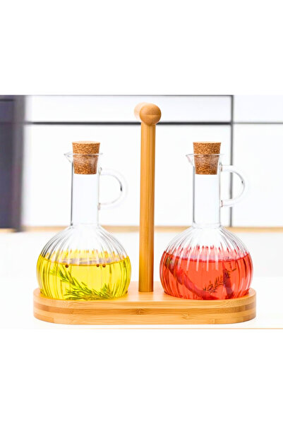 MİEN طقم وعاء زيت من البوروسيليكات مكون من قطعتين - شفاف / بني من الخيزران - 300 مل