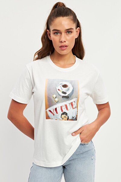 Setre Ekru Bisiklet Yaka Baskı Detaylı Kısa Kollu T-Shirt